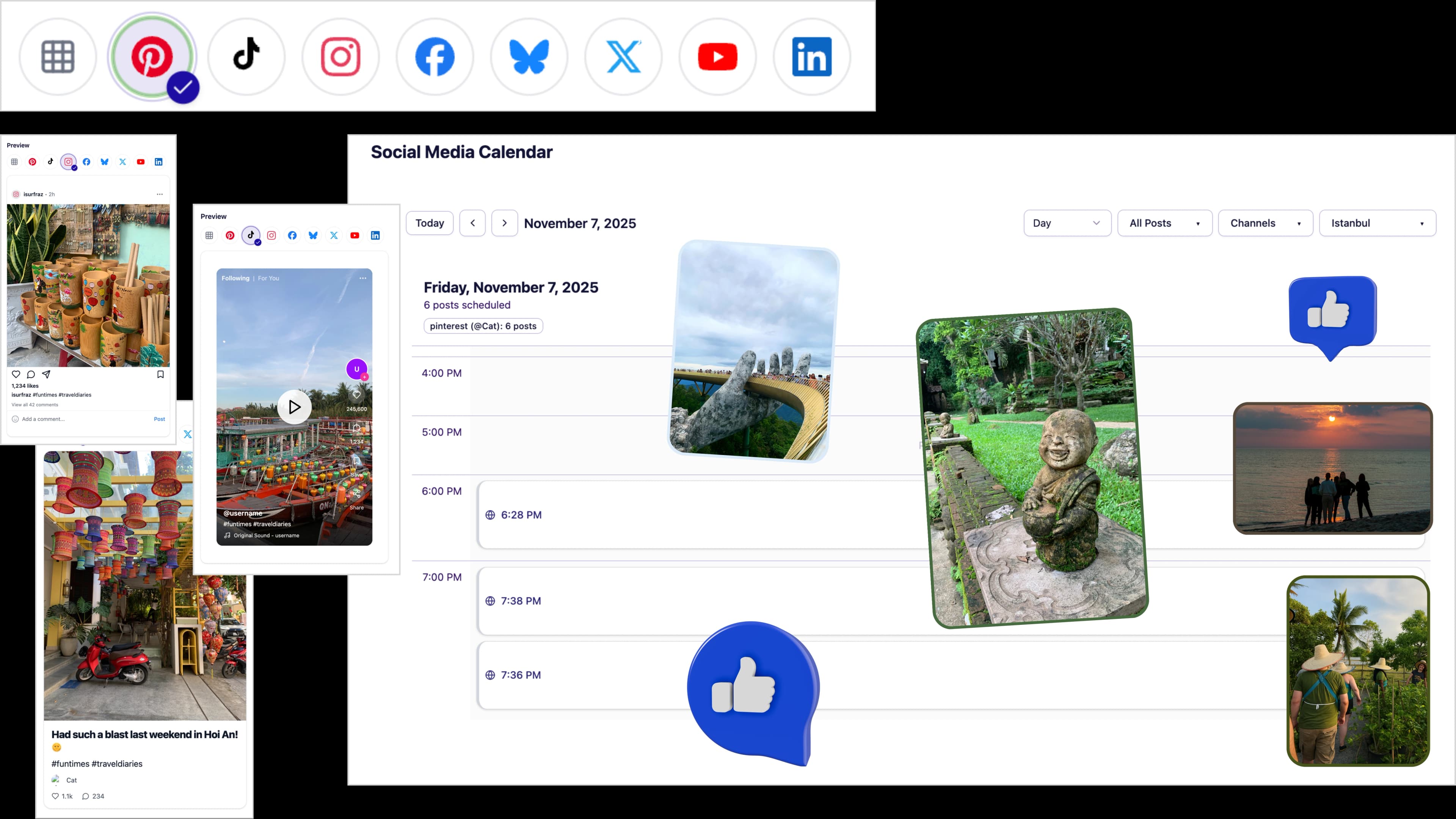 Calendar view for planning social media posts across channels in Scheduler.social